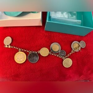 Vintage Milor 14k Yellow Gold Italian Lire Coins Charm Rolo Link Bracelet